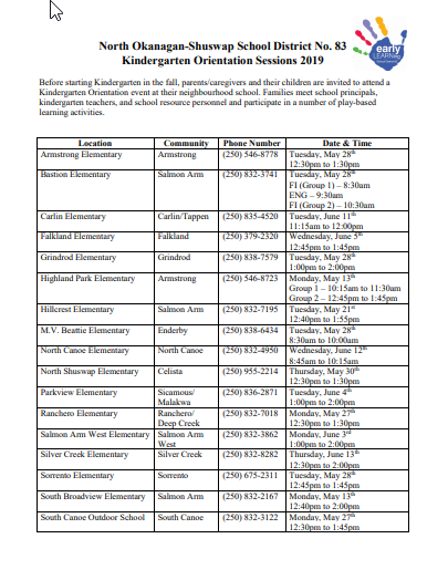 Kindergarten Orientation Schedule